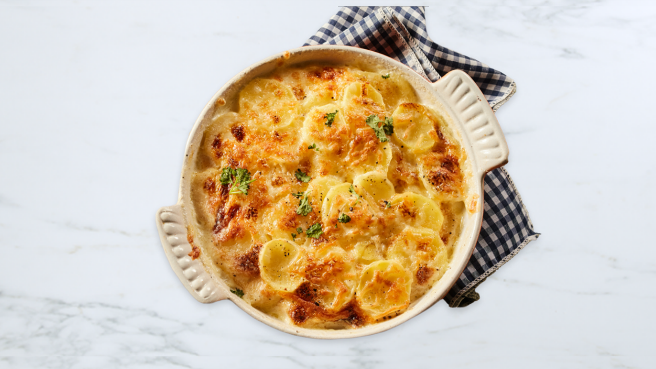 Scalloped potatoes in casserole dish