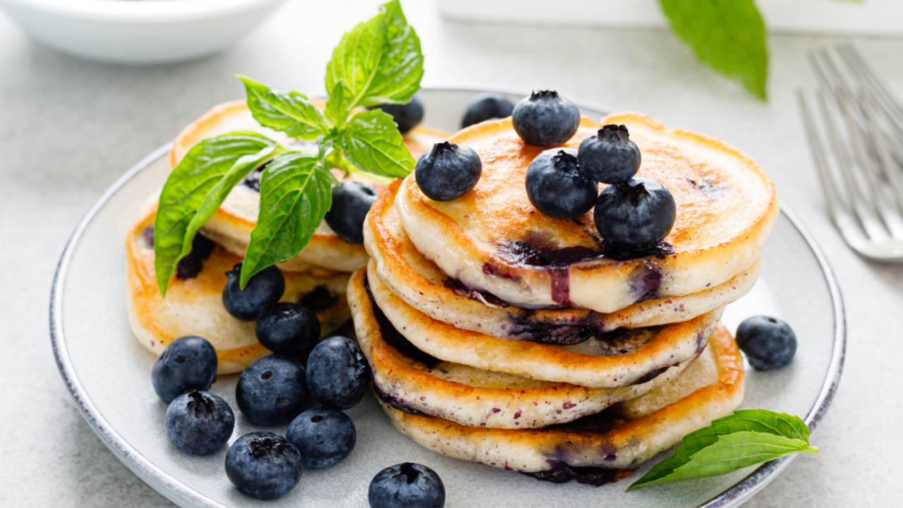 Stack of buckwheat pancakes with blueberries