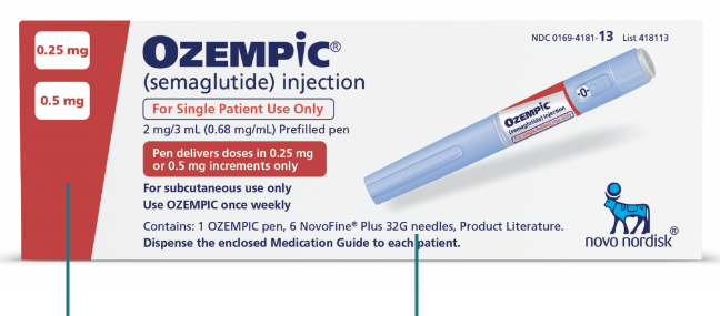 Authentic Ozempic® carton, which includes needles, NDC, and batch/lot numbers.