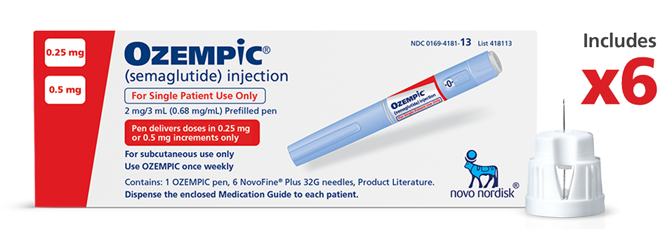 0.25 mg or 0.5 mg dose Ozempic® pen, 0.25 mg or 0.5 mg dose Ozempic® pen package includes 6 needles