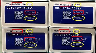 Box image featuring the serial and lot number of counterfeit Ozempic® product