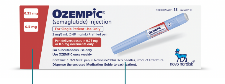 Authentic Ozempic® carton, which includes needles, NDC, and batch/lot numbers.