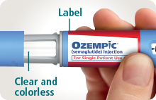 Hand holding Ozempic® pen showing the label and that the pen is clear and colorless