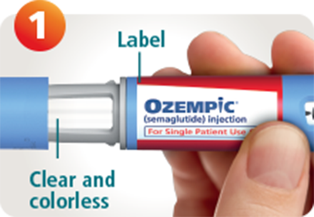 Hand holding Ozempic® pen showing the label and that the pen is clear and colorless