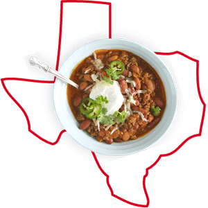 Texas state outline and beef & bean chili